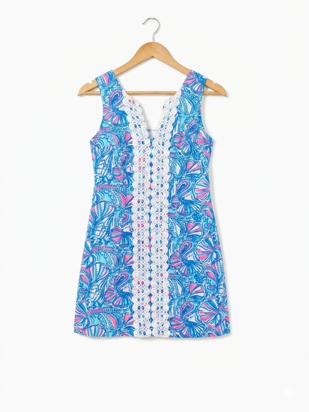 Lilly Pulitzer Blue & Pink Paisley Sleeveless Dress with White Crochet Size 6
